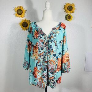 Fig & Flower Floral Puffy Sleeve Blouse Size XL Women’s